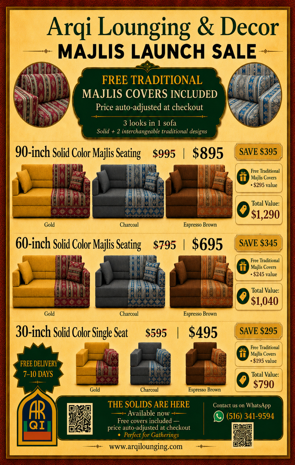 Arqi Lounging and Decor Majlis launch sale with solid color Majlis seating and free Traditional Majlis Covers